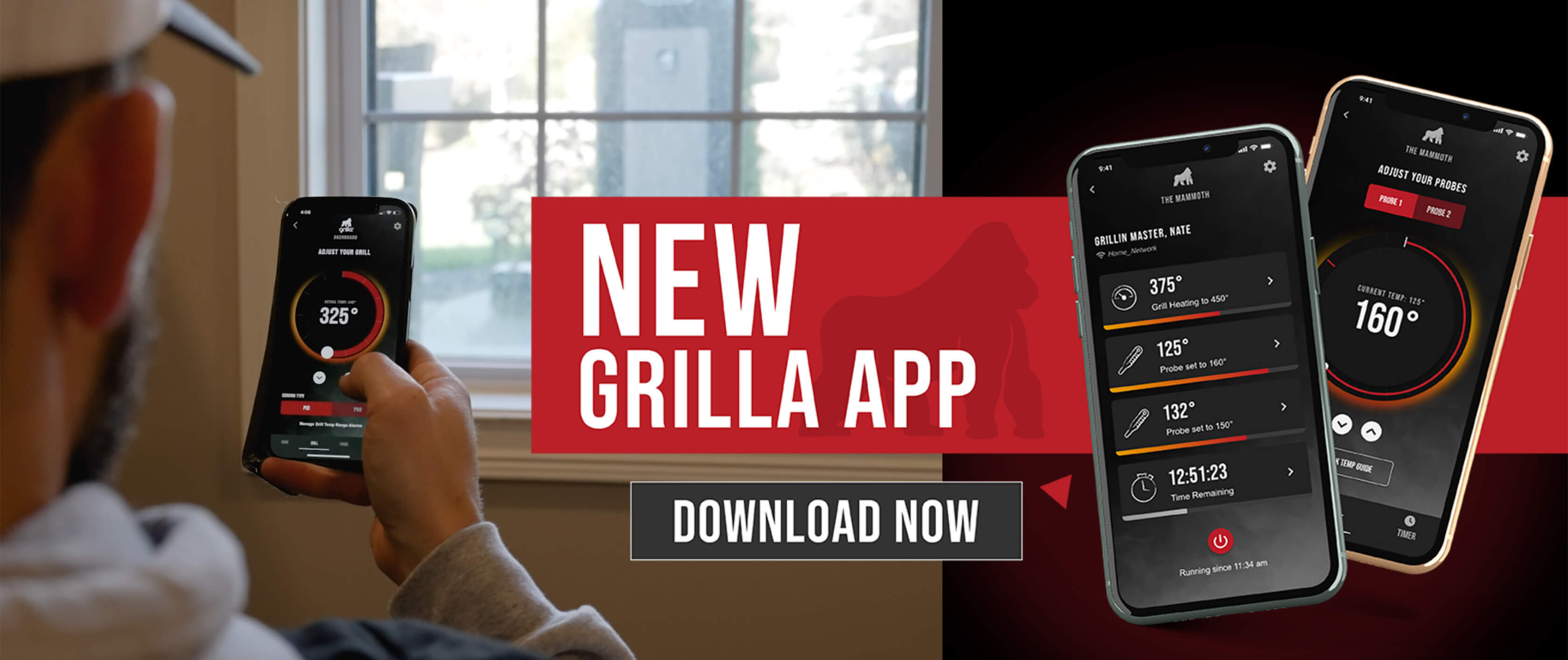 new grilla app- download now photo of man on couch looking at his new grilla app with the mammoth vertical smoker on and smoking out the window. He's cooking from his couch with his new grilla mammoth vertical pellet smoker
